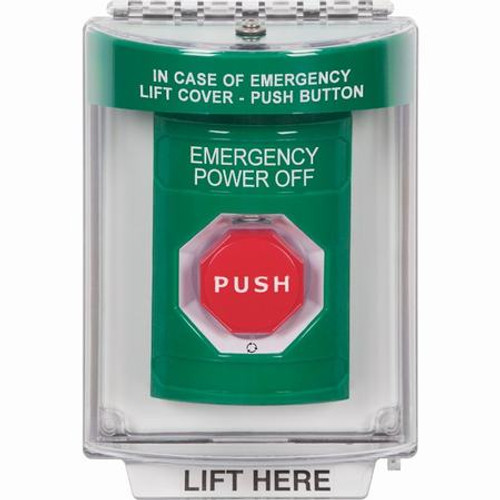SS2149PO-EN STI Green Indoor/Outdoor Flush w/ Horn Turn-to-Reset (Illuminated) Stopper Station with EMERGENCY POWER OFF Label English