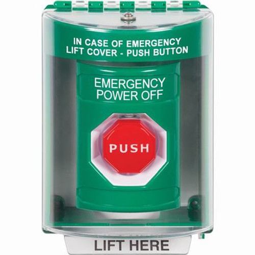 SS2175PO-EN STI Green Indoor/Outdoor Surface Momentary (Illuminated) Stopper Station with EMERGENCY POWER OFF Label English
