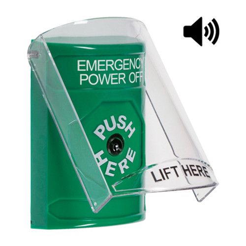 SS21A0PO-EN STI Green Indoor Only Flush or Surface w/ Horn Key-to-Reset Stopper Station with EMERGENCY POWER OFF Label English