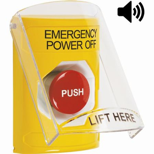 SS22A4PO-EN STI Yellow Indoor Only Flush or Surface w/ Horn Momentary Stopper Station with EMERGENCY POWER OFF Label English
