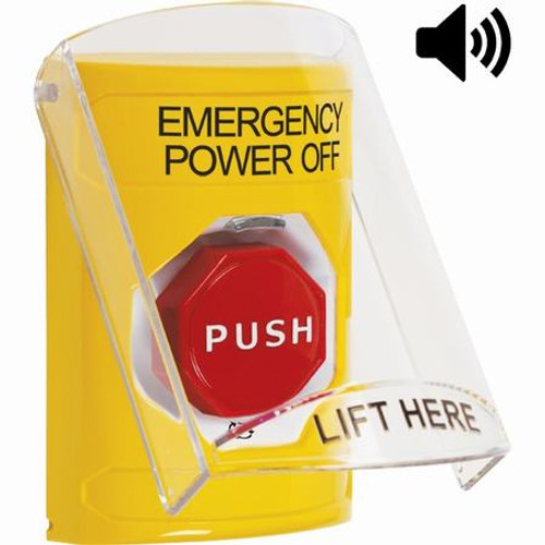 SS22A9PO-EN STI Yellow Indoor Only Flush or Surface w/ Horn Turn-to-Reset (Illuminated) Stopper Station with EMERGENCY POWER OFF Label English