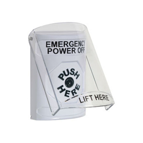 SS2320PO-EN STI White Indoor Only Flush or Surface Key-to-Reset Stopper Station with EMERGENCY POWER OFF Label English