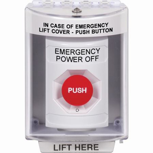 SS2371PO-EN STI White Indoor/Outdoor Surface Turn-to-Reset Stopper Station with EMERGENCY POWER OFF Label English