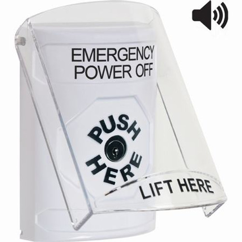 SS23A0PO-EN STI White Indoor Only Flush or Surface w/ Horn Key-to-Reset Stopper Station with EMERGENCY POWER OFF Label English