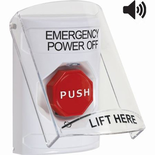 SS23A9PO-EN STI White Indoor Only Flush or Surface w/ Horn Turn-to-Reset (Illuminated) Stopper Station with EMERGENCY POWER OFF Label English