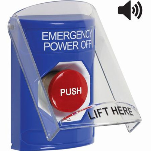 SS24A1PO-EN STI Blue Indoor Only Flush or Surface w/ Horn Turn-to-Reset Stopper Station with EMERGENCY POWER OFF Label English