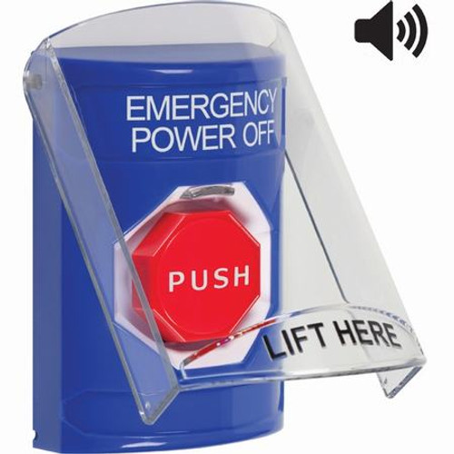 SS24A2PO-EN STI Blue Indoor Only Flush or Surface w/ Horn Key-to-Reset (Illuminated) Stopper Station with EMERGENCY POWER OFF Label English