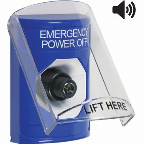 SS24A3PO-EN STI Blue Indoor Only Flush or Surface w/ Horn Key-to-Activate Stopper Station with EMERGENCY POWER OFF Label English