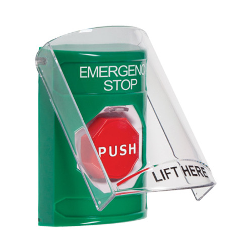 SS2122ES-EN STI Green Indoor Only Flush or Surface Key-to-Reset (Illuminated) Stopper Station with EMERGENCY STOP Label English