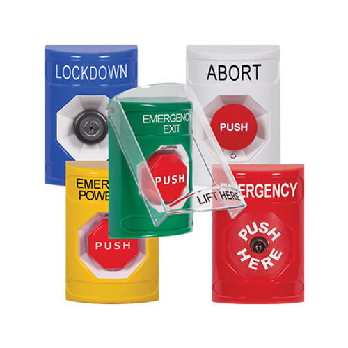 SS2123ES-EN STI Green Indoor Only Flush or Surface Key-to-Activate Stopper Station with EMERGENCY STOP Label English