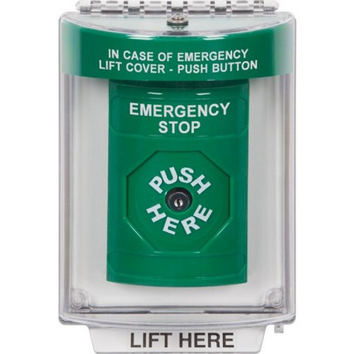 SS2130ES-EN STI Green Indoor/Outdoor Flush Key-to-Reset Stopper Station with EMERGENCY STOP Label English