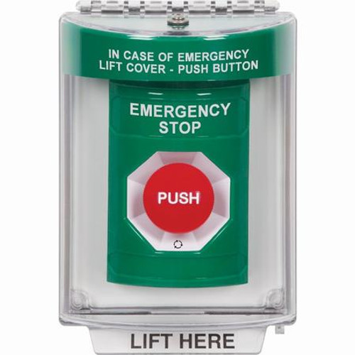 SS2131ES-EN STI Green Indoor/Outdoor Flush Turn-to-Reset Stopper Station with EMERGENCY STOP Label English