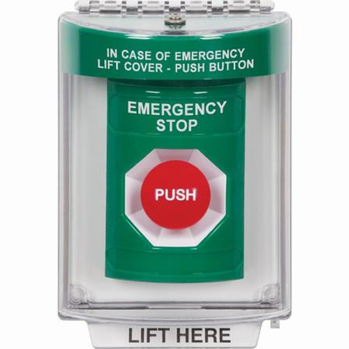 SS2134ES-EN STI Green Indoor/Outdoor Flush Momentary Stopper Station with EMERGENCY STOP Label English