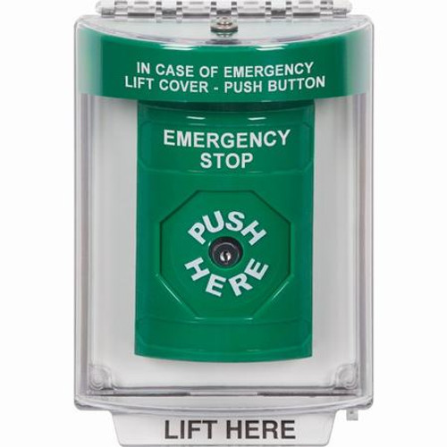 SS2140ES-EN STI Green Indoor/Outdoor Flush w/ Horn Key-to-Reset Stopper Station with EMERGENCY STOP Label English