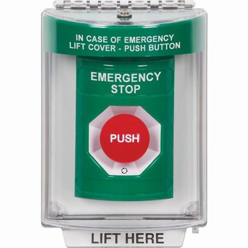 SS2141ES-EN STI Green Indoor/Outdoor Flush w/ Horn Turn-to-Reset Stopper Station with EMERGENCY STOP Label English