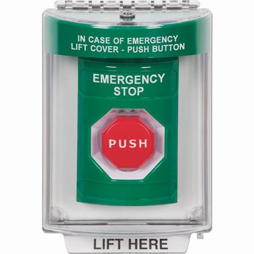 SS2145ES-EN STI Green Indoor/Outdoor Flush w/ Horn Momentary (Illuminated) Stopper Station with EMERGENCY STOP Label English