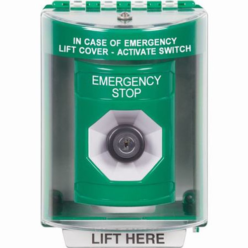 SS2173ES-EN STI Green Indoor/Outdoor Surface Key-to-Activate Stopper Station with EMERGENCY STOP Label English