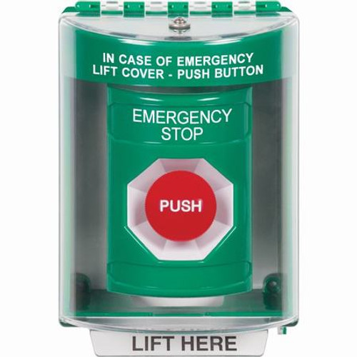 SS2174ES-EN STI Green Indoor/Outdoor Surface Momentary Stopper Station with EMERGENCY STOP Label English