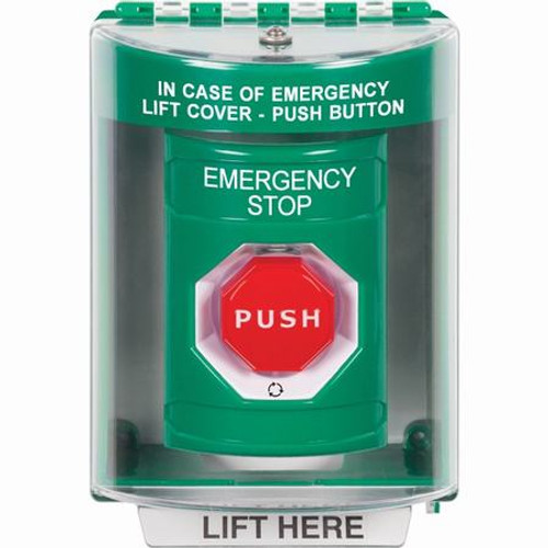 SS2179ES-EN STI Green Indoor/Outdoor Surface Turn-to-Reset (Illuminated) Stopper Station with EMERGENCY STOP Label English