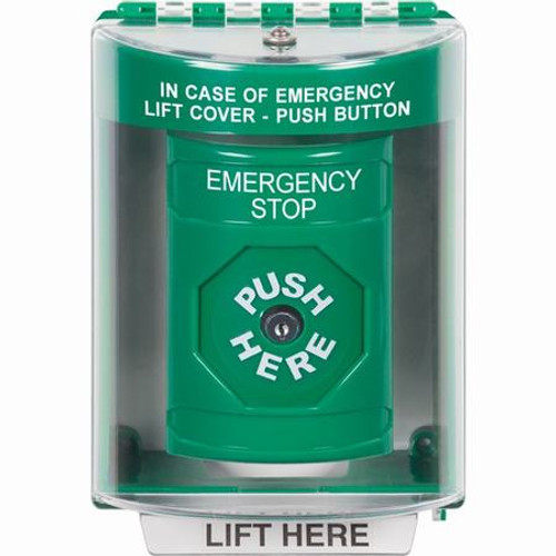 SS2180ES-EN STI Green Indoor/Outdoor Surface w/ Horn Key-to-Reset Stopper Station with EMERGENCY STOP Label English