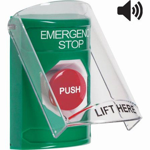 SS21A1ES-EN STI Green Indoor Only Flush or Surface w/ Horn Turn-to-Reset Stopper Station with EMERGENCY STOP Label English