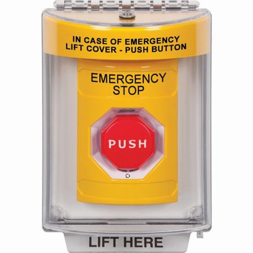 SS2249ES-EN STI Yellow Indoor/Outdoor Flush w/ Horn Turn-to-Reset (Illuminated) Stopper Station with EMERGENCY STOP Label English
