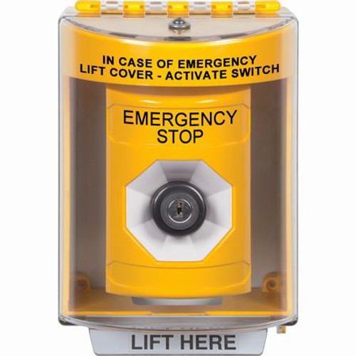 SS2273ES-EN STI Yellow Indoor/Outdoor Surface Key-to-Activate Stopper Station with EMERGENCY STOP Label English