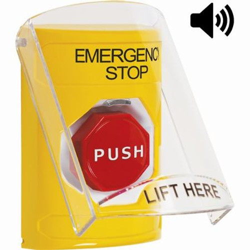 SS22A2ES-EN STI Yellow Indoor Only Flush or Surface w/ Horn Key-to-Reset (Illuminated) Stopper Station with EMERGENCY STOP Label English