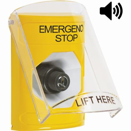 SS22A3ES-EN STI Yellow Indoor Only Flush or Surface w/ Horn Key-to-Activate Stopper Station with EMERGENCY STOP Label English