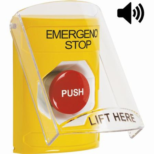 SS22A4ES-EN STI Yellow Indoor Only Flush or Surface w/ Horn Momentary Stopper Station with EMERGENCY STOP Label English