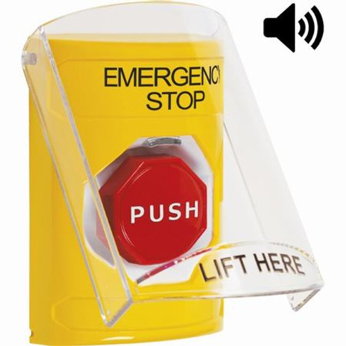 SS22A5ES-EN STI Yellow Indoor Only Flush or Surface w/ Horn Momentary (Illuminated) Stopper Station with EMERGENCY STOP Label English