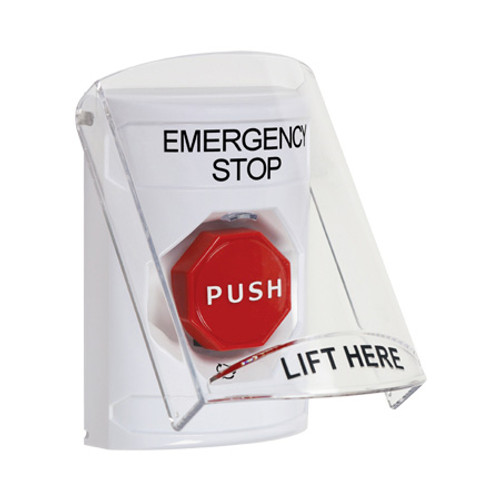 SS2321ES-EN STI White Indoor Only Flush or Surface Turn-to-Reset Stopper Station with EMERGENCY STOP Label English