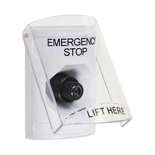 SS2323ES-EN STI White Indoor Only Flush or Surface Key-to-Activate Stopper Station with EMERGENCY STOP Label English