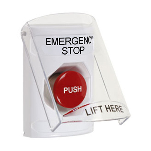 SS2324ES-EN STI White Indoor Only Flush or Surface Momentary Stopper Station with EMERGENCY STOP Label English