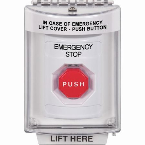 SS2332ES-EN STI White Indoor/Outdoor Flush Key-to-Reset (Illuminated) Stopper Station with EMERGENCY STOP Label English