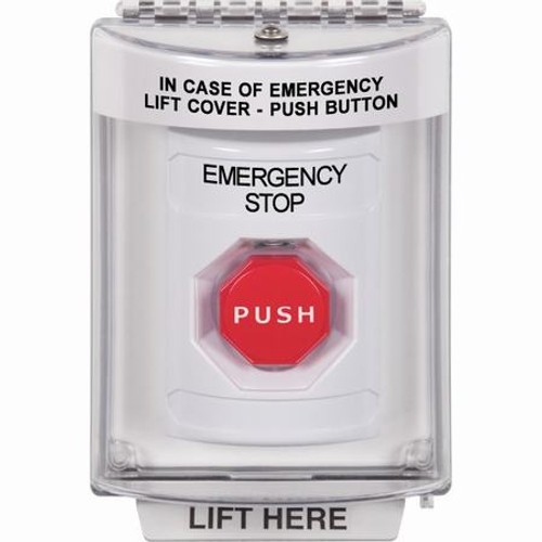 SS2335ES-EN STI White Indoor/Outdoor Flush Momentary (Illuminated) Stopper Station with EMERGENCY STOP Label English