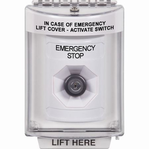 SS2343ES-EN STI White Indoor/Outdoor Flush w/ Horn Key-to-Activate Stopper Station with EMERGENCY STOP Label English