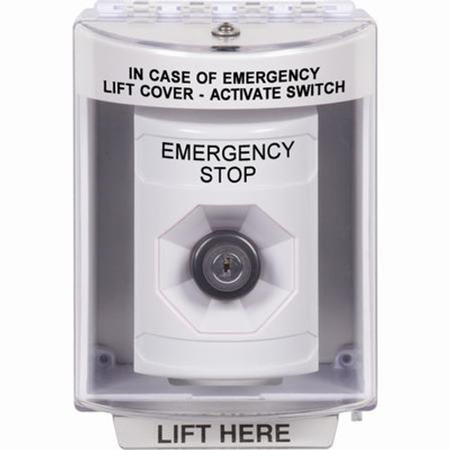 SS2373ES-EN STI White Indoor/Outdoor Surface Key-to-Activate Stopper Station with EMERGENCY STOP Label English
