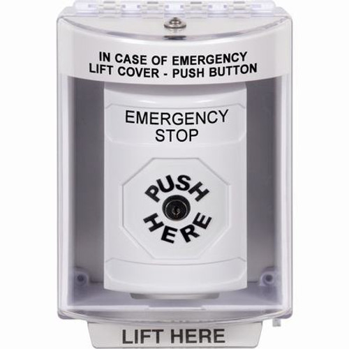 SS2380ES-EN STI White Indoor/Outdoor Surface w/ Horn Key-to-Reset Stopper Station with EMERGENCY STOP Label English