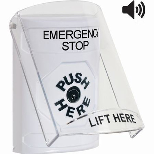 SS23A0ES-EN STI White Indoor Only Flush or Surface w/ Horn Key-to-Reset Stopper Station with EMERGENCY STOP Label English