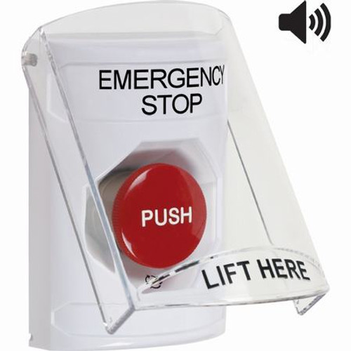 SS23A1ES-EN STI White Indoor Only Flush or Surface w/ Horn Turn-to-Reset Stopper Station with EMERGENCY STOP Label English