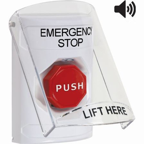 SS23A2ES-EN STI White Indoor Only Flush or Surface w/ Horn Key-to-Reset (Illuminated) Stopper Station with EMERGENCY STOP Label English