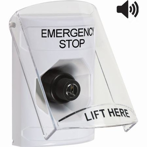 SS23A3ES-EN STI White Indoor Only Flush or Surface w/ Horn Key-to-Activate Stopper Station with EMERGENCY STOP Label English