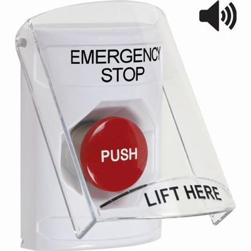 SS23A4ES-EN STI White Indoor Only Flush or Surface w/ Horn Momentary Stopper Station with EMERGENCY STOP Label English