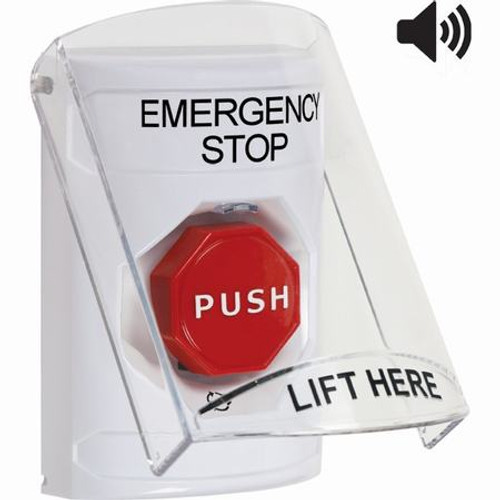SS23A9ES-EN STI White Indoor Only Flush or Surface w/ Horn Turn-to-Reset (Illuminated) Stopper Station with EMERGENCY STOP Label English