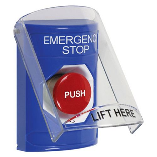 SS2421ES-EN STI Blue Indoor Only Flush or Surface Turn-to-Reset Stopper Station with EMERGENCY STOP Label English