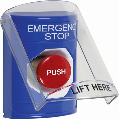SS2424ES-EN STI Blue Indoor Only Flush or Surface Momentary Stopper Station with EMERGENCY STOP Label English