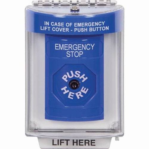 SS2430ES-EN STI Blue Indoor/Outdoor Flush Key-to-Reset Stopper Station with EMERGENCY STOP Label English