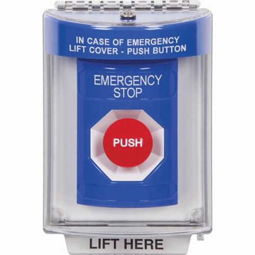 SS2444ES-EN STI Blue Indoor/Outdoor Flush w/ Horn Momentary Stopper Station with EMERGENCY STOP Label English