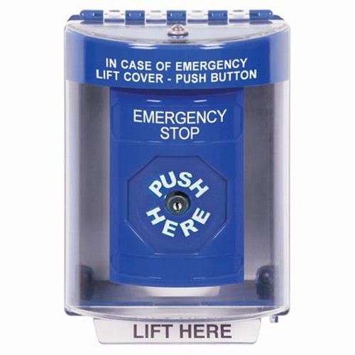 SS2470ES-EN STI Blue Indoor/Outdoor Surface Key-to-Reset Stopper Station with EMERGENCY STOP Label English